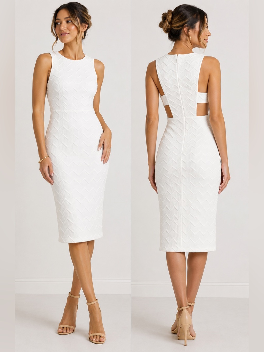 Sleeveless Chevron Bodycon Dress in Ivory - Picture 2 of 3
